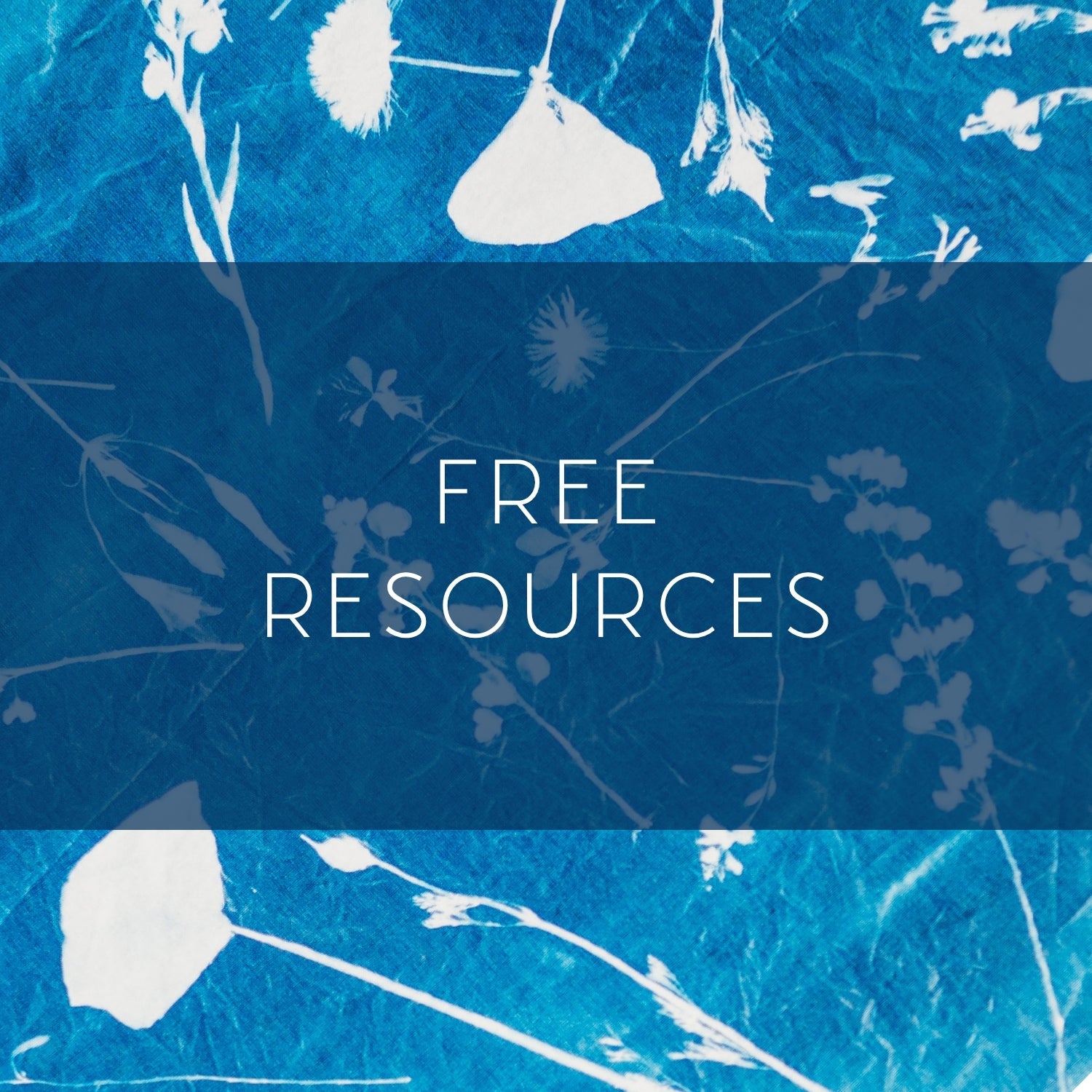 Blue background with white floral silhouettes and 'FREE RESOURCES' text