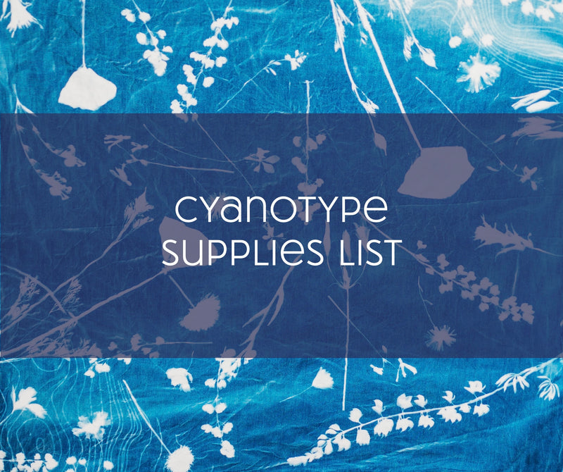 Cyanotype supplies list with floral design on a blue background