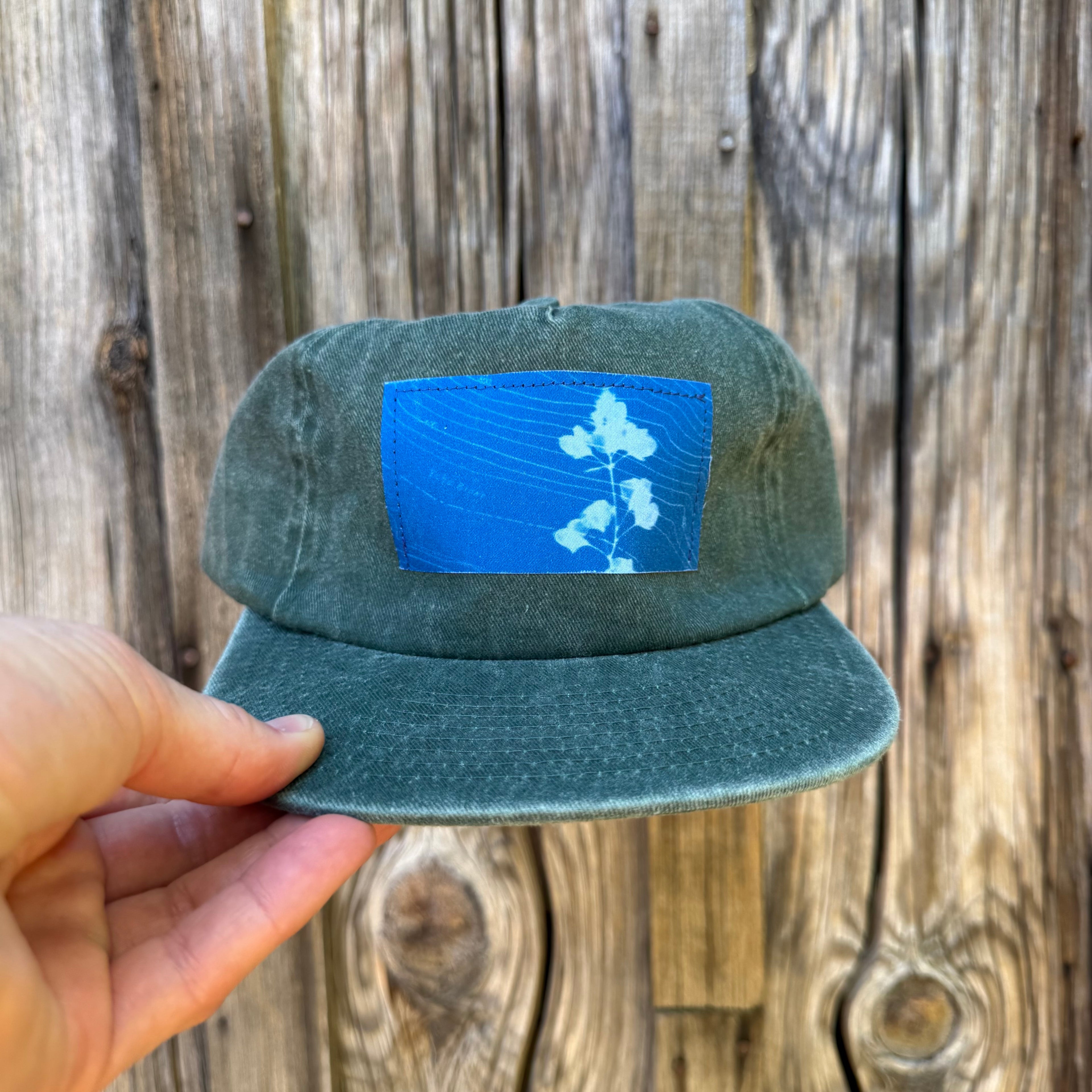 Washed Cotton Hunter Green Hat: Lupine + Yuba River Topo