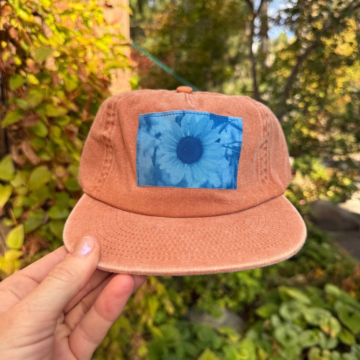 Washed Cotton Rust Orange Hat: Sunflower Cyanotype Photo