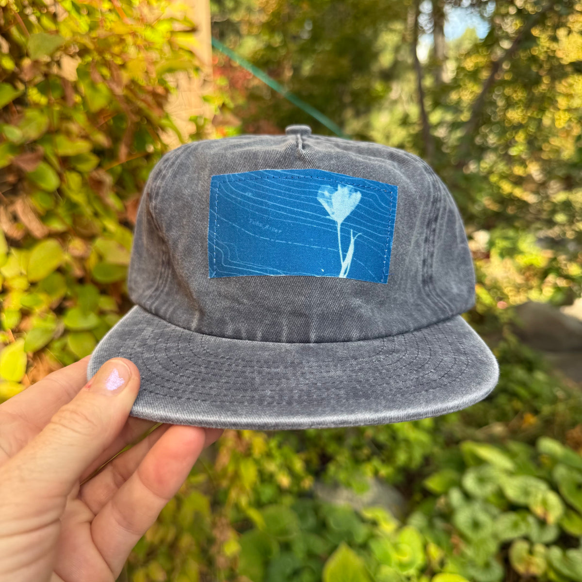 Washed Cotton Slate Blue Hat: Yuba River Topo + Wildflower