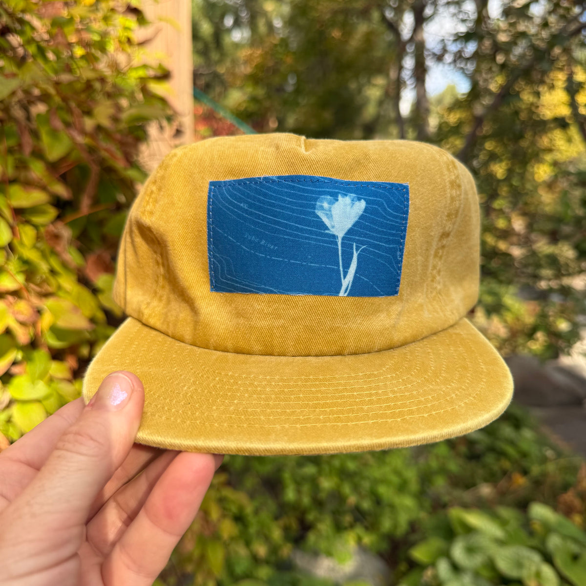 Washed Cotton Yellow Hat: Wildflower + Yuba River Topo