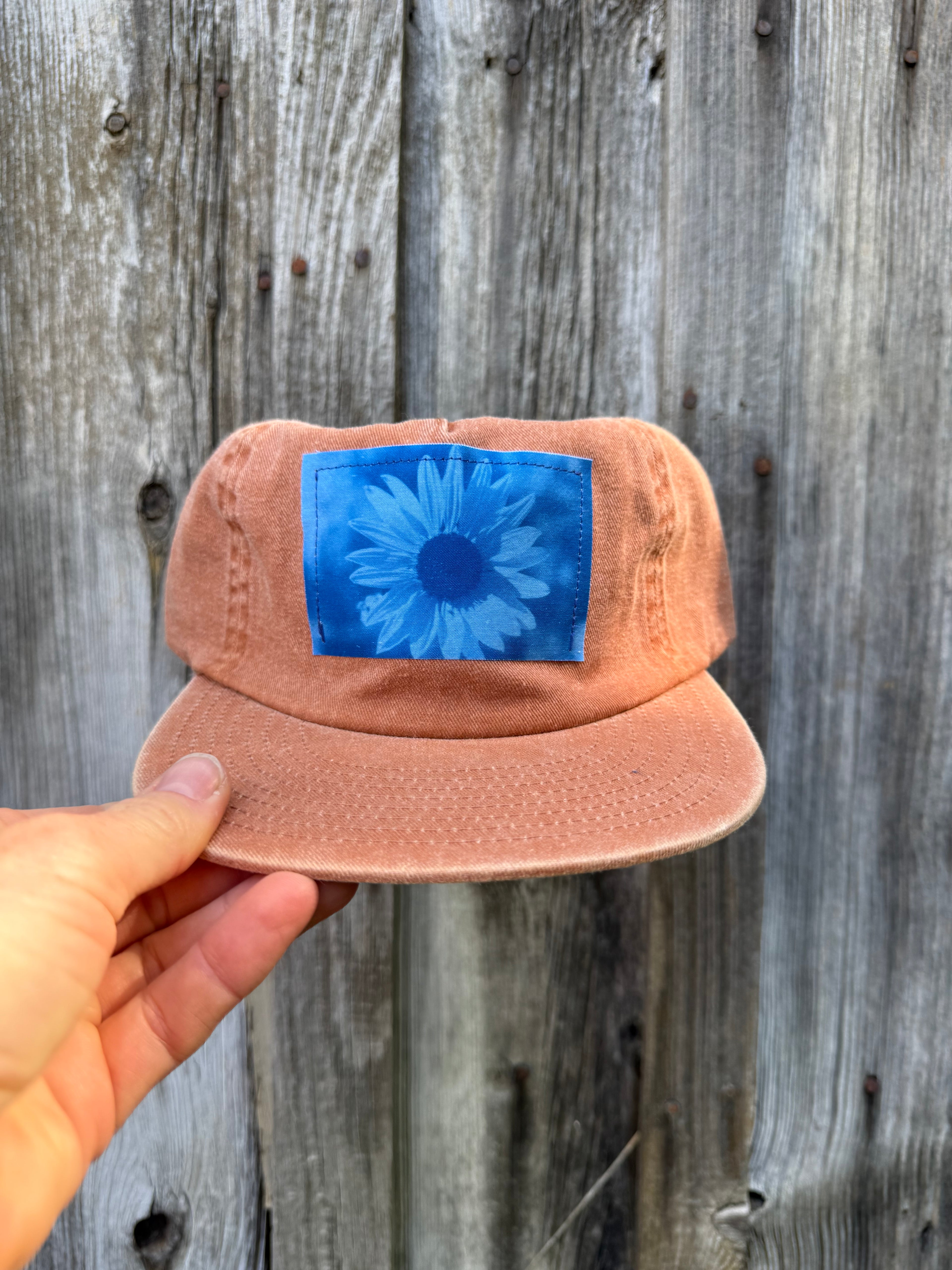 Washed Cotton Rust Orange Hat: Sunflower Cyanotype Photo