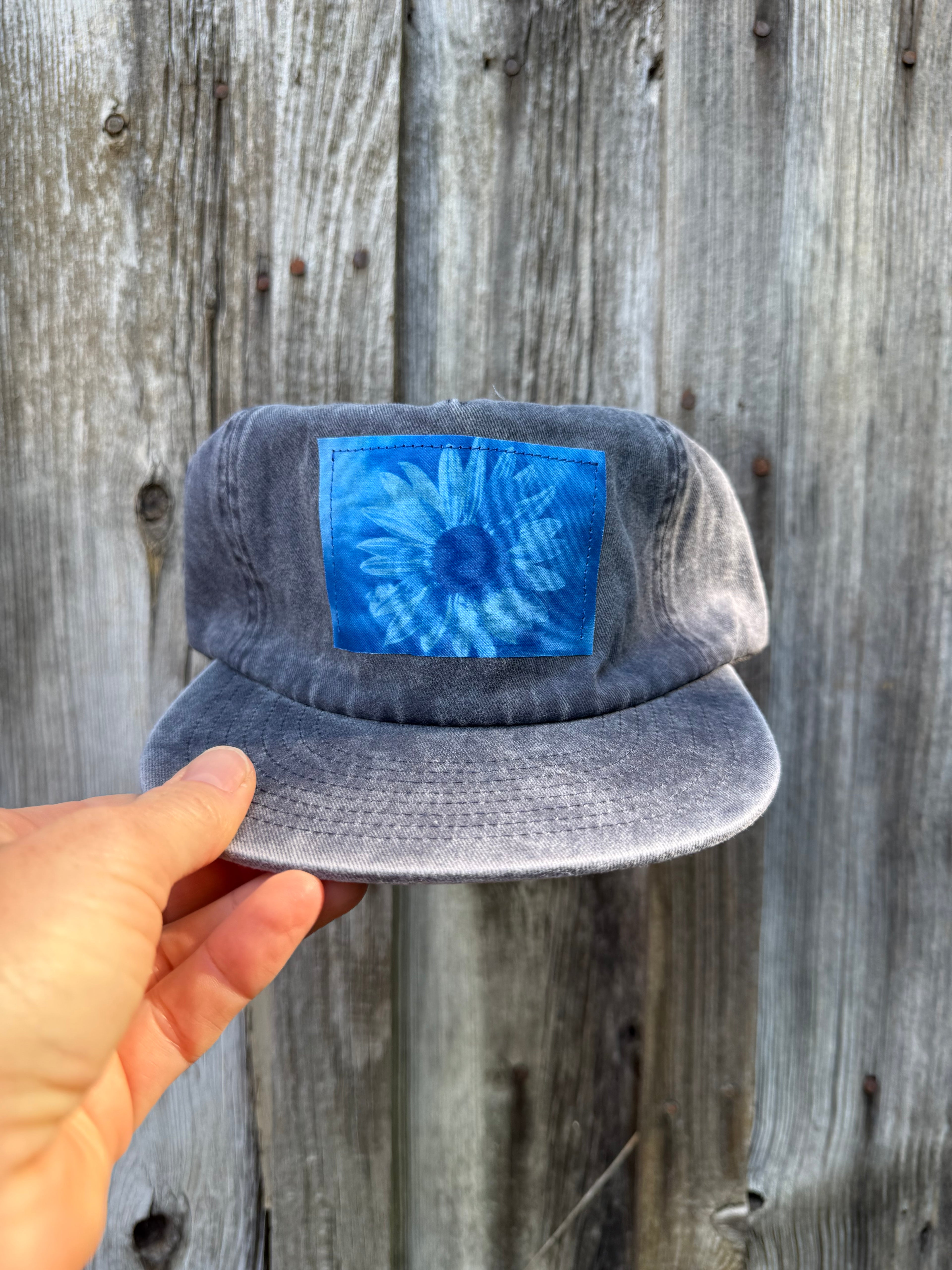 Washed Cotton Slate Blue Hat: Sunflower Cyanotype Photo