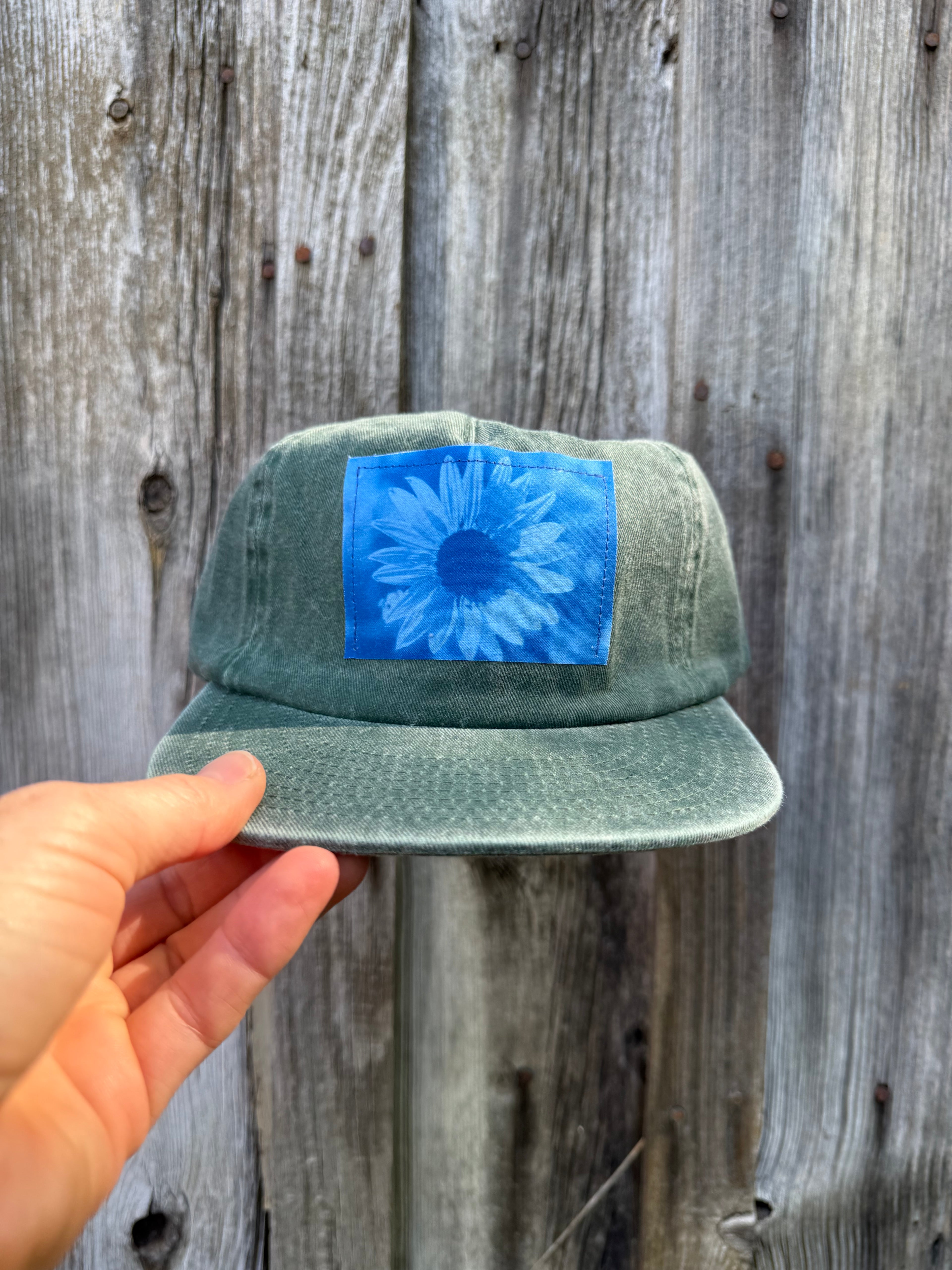 Washed Cotton Hunter Green Hat: Sunflower Photo