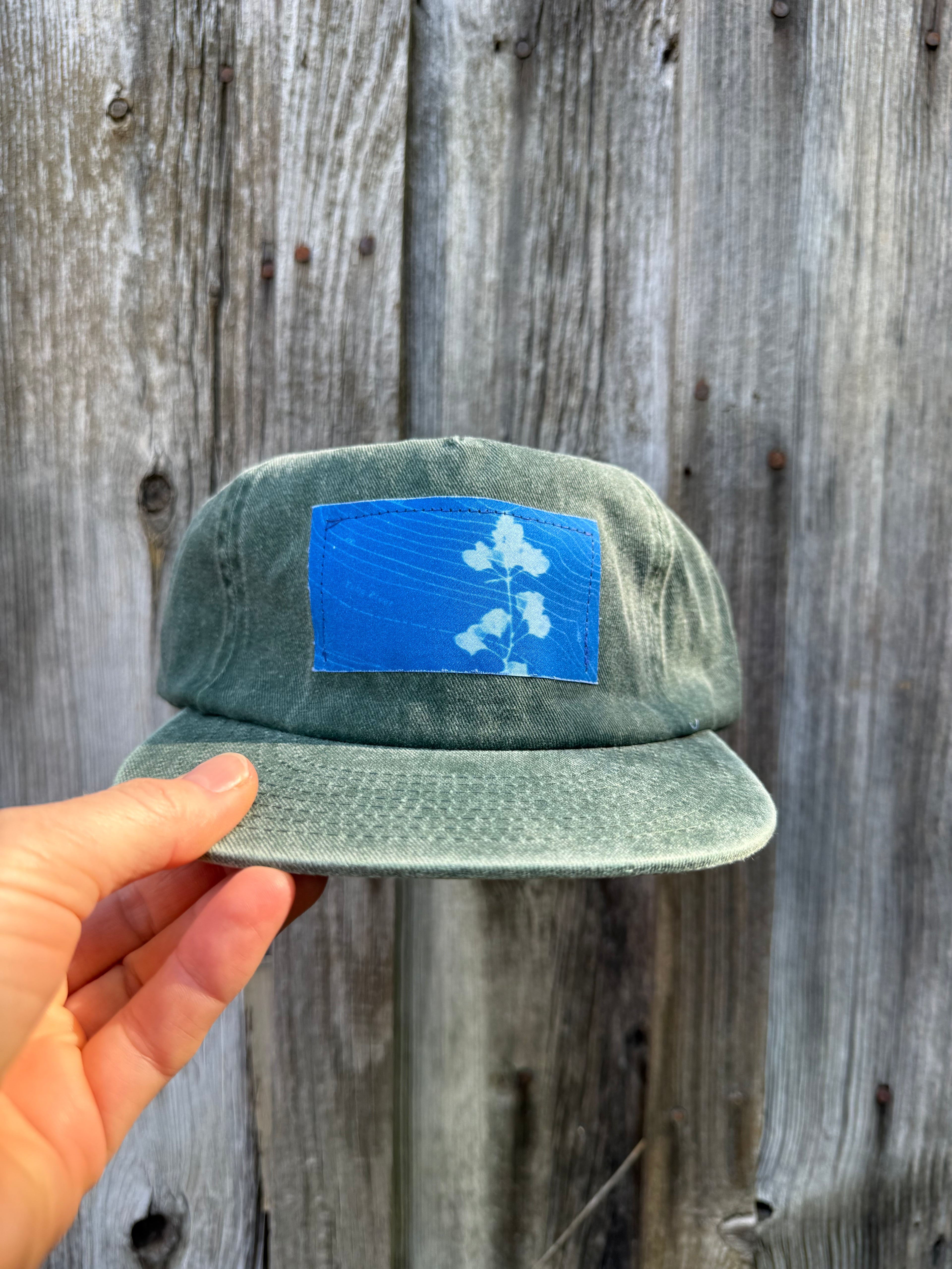 Washed Cotton Hunter Green Hat: Lupine + Yuba River Topo