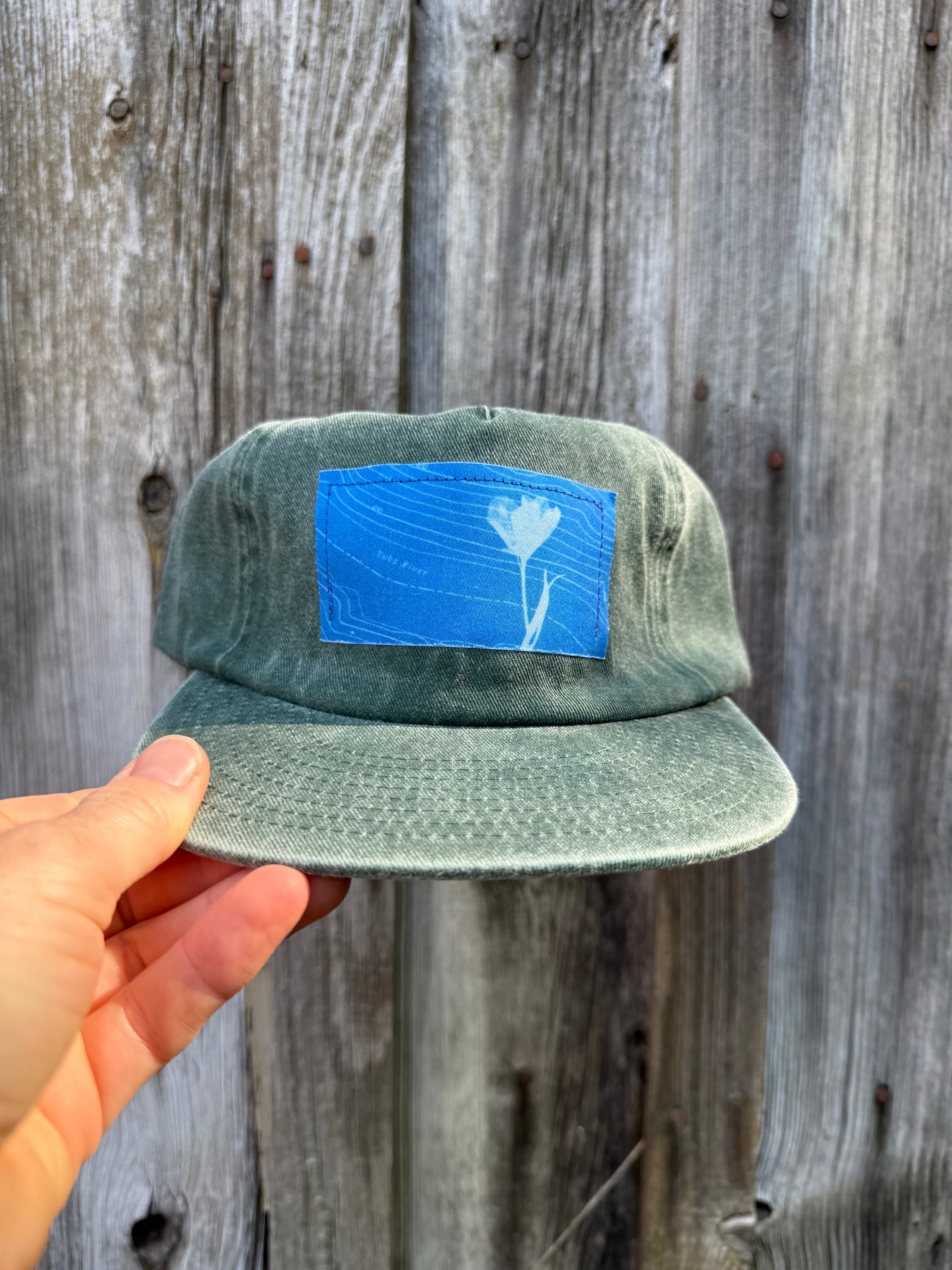 Washed Cotton Hunter Green Hat: Wildflower + Yuba River Topo