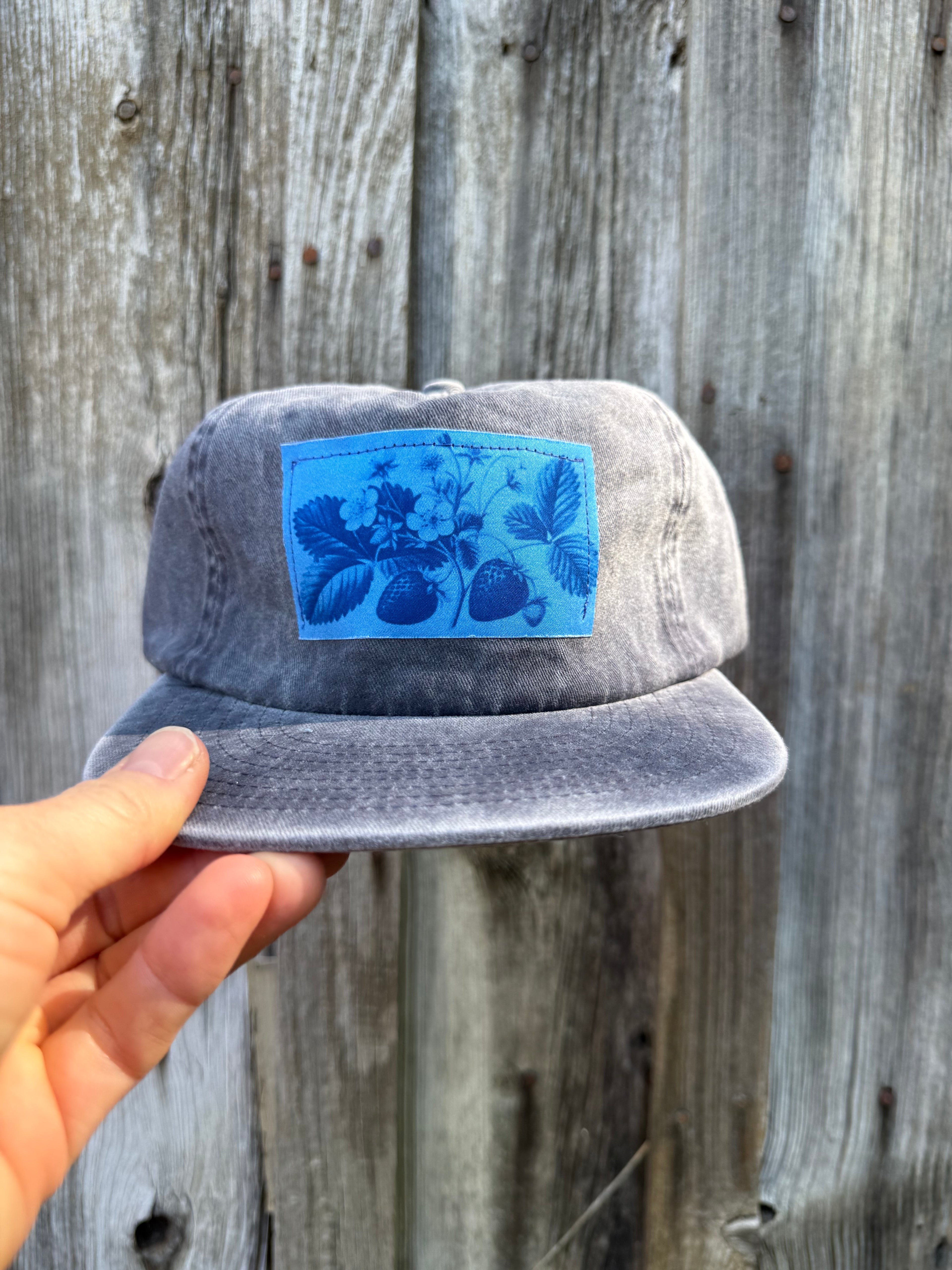 Washed Cotton Slate Blue Hat: Vintage Strawberries