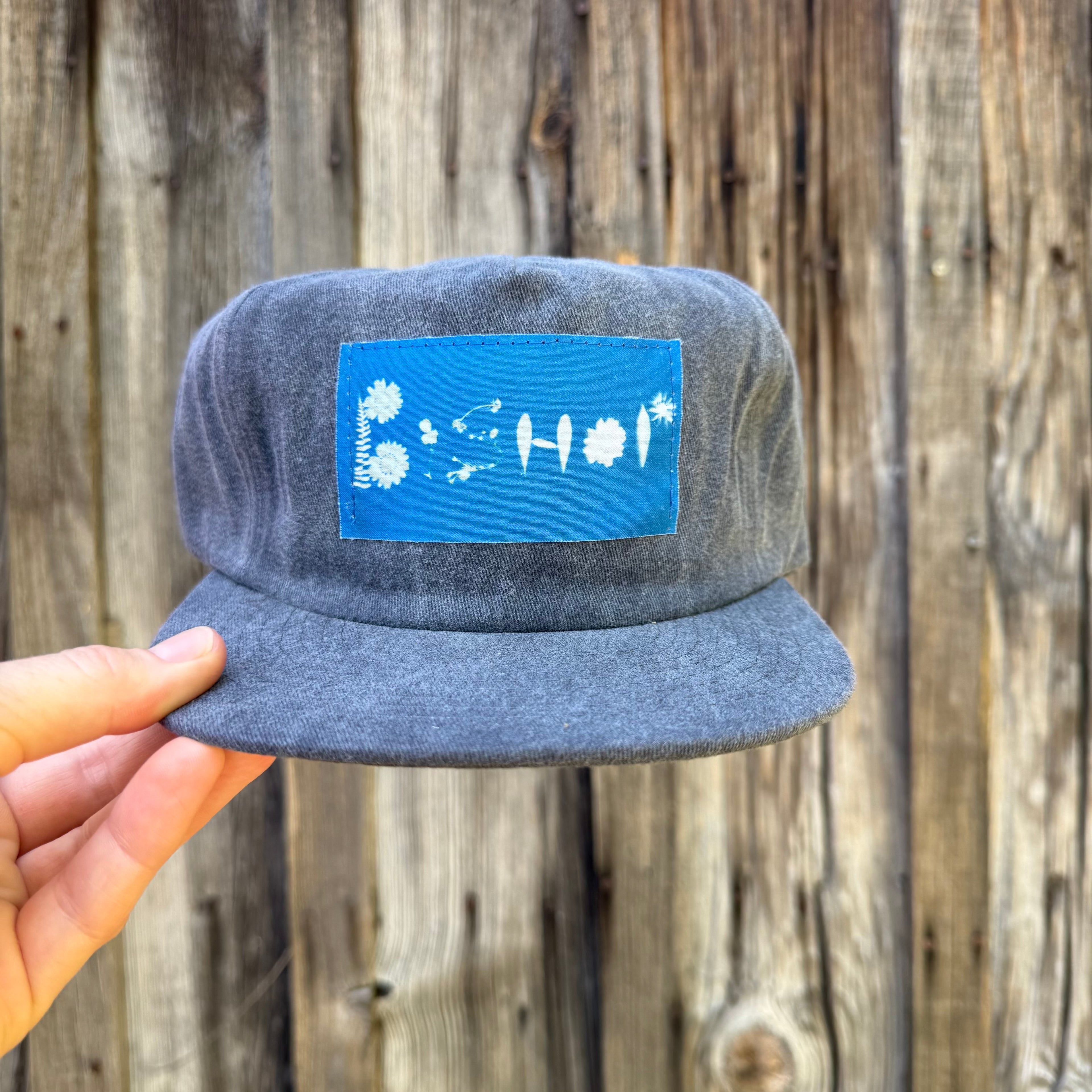 Washed Cotton Slate Blue Hat: "Bishop" in Flowers