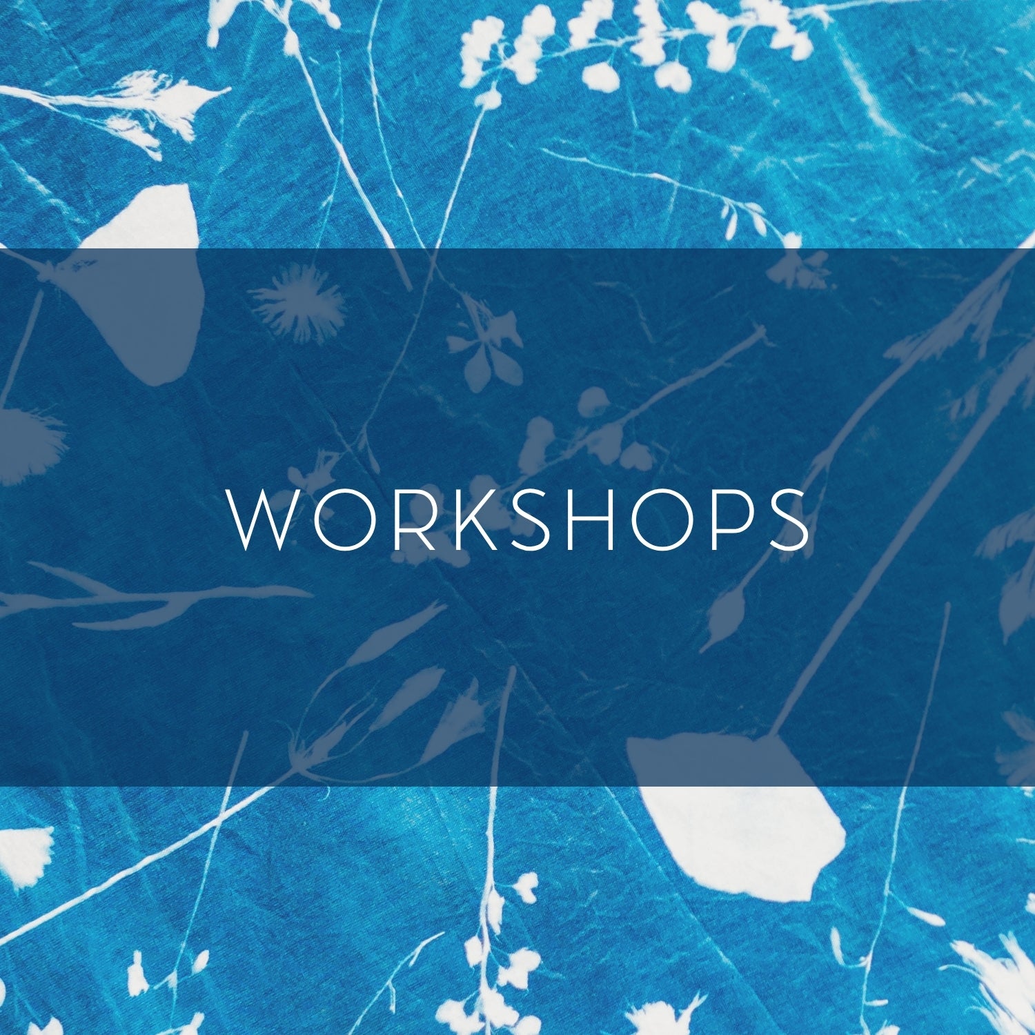 Blue background with floral patterns and the word 'WORKSHOPS' in white text.